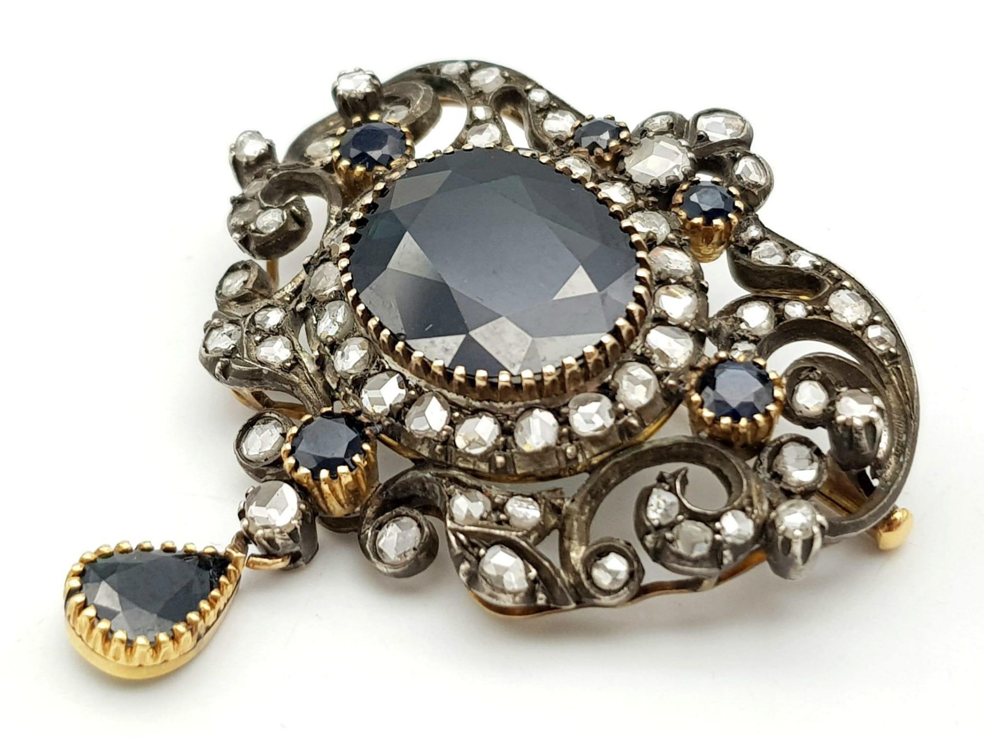 A VICTORIAN NECK BROOCH IN CLASSIC STYLE WITH DIAMONDS AND SAPPHIRES SET IN HIGH CARAT GOLD . 20. - Image 2 of 4