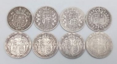 Eight Pre 1920 Silver British Half Crown Coins. Different grades but please see photos. 110g total