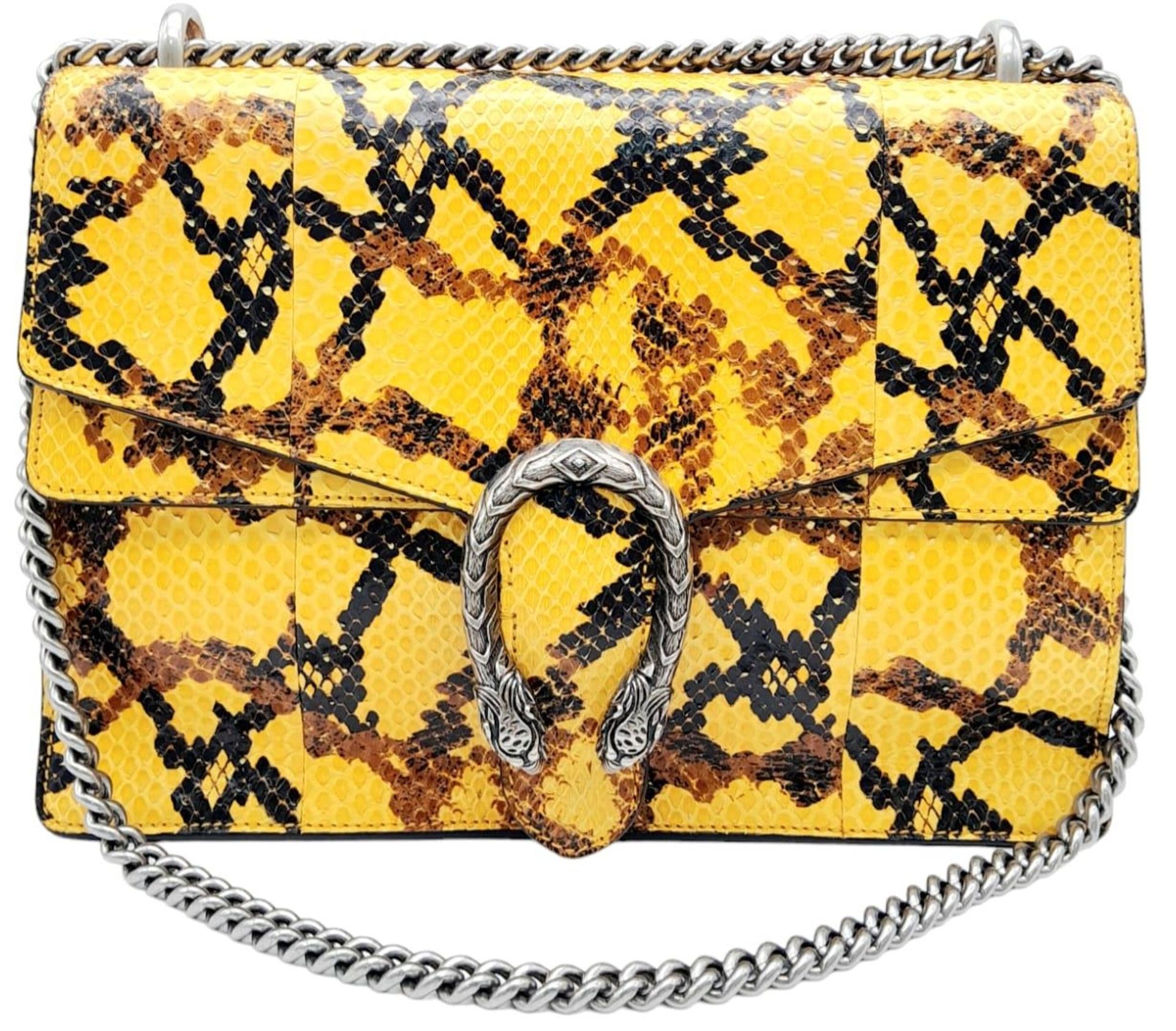 A Gucci Dionysus Python Pochette. With Silver Metal Hardware and Convertible Silver Metal Chain