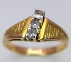 A 18K yellow gold vintage style CZ trilogy ring, 3.9g, size N, (cz:3x 2mm) ref: SH1257I