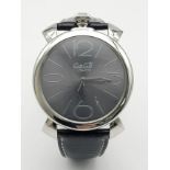 A "GAGA" OF MILAN OVERSIZED MANUAL TOP WIND WATCH ON BLACK LEATHER STRAP . 45mm