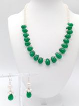 A Pearl Necklace with 170ctw Emerald Cabochon Teardrops and Matching Earrings Set. 45cm necklace