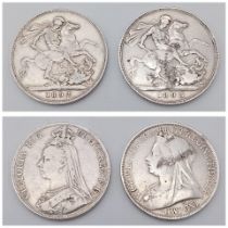 Two Queen Victoria Silver Crowns - 1892 and 1893. Please see photos for conditions.