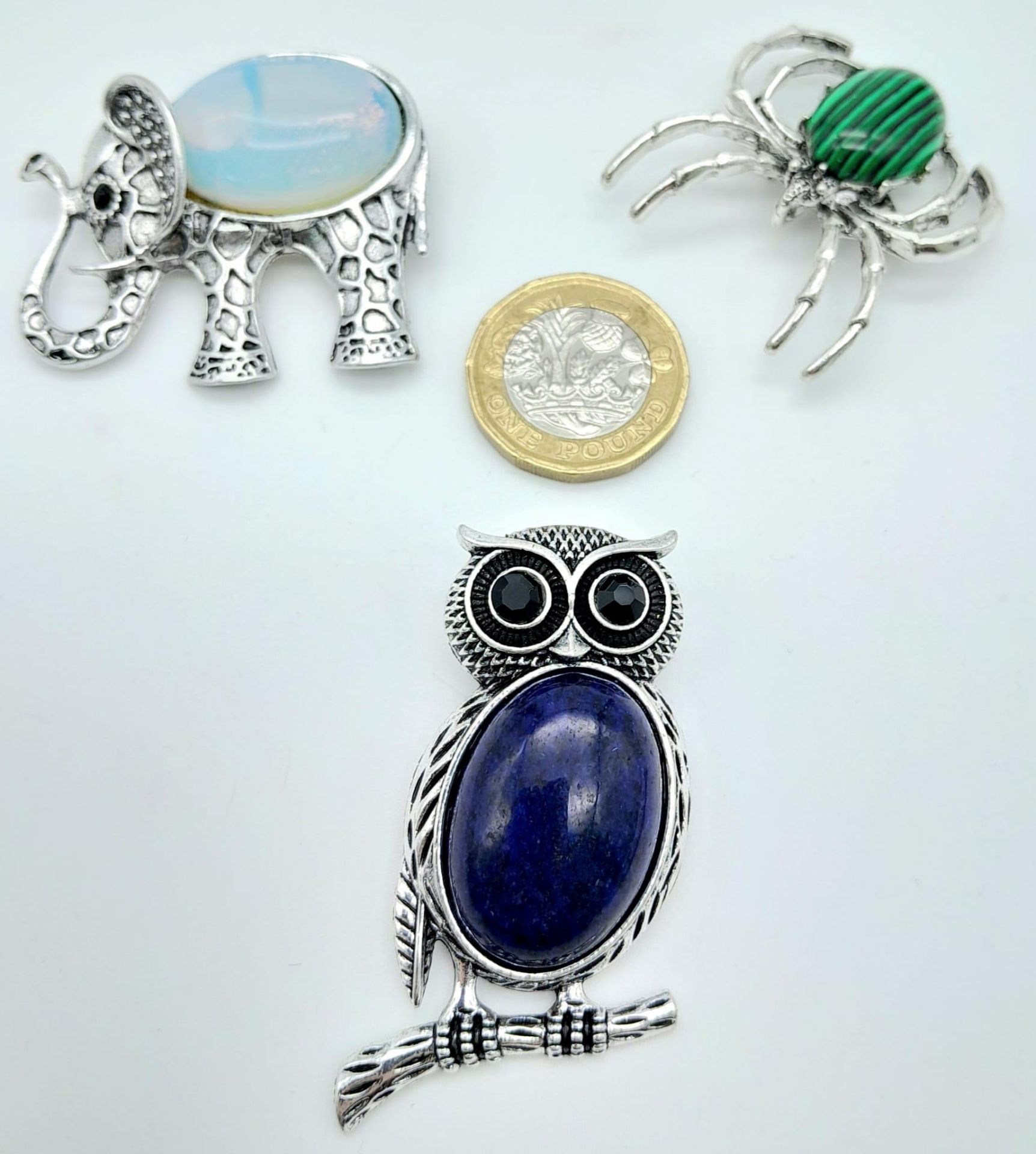 Three Gemstone Animal Brooches - Lapis Owl, Marcasite Spider and an Opalite Elephant. All 4.5cm. - Image 2 of 2