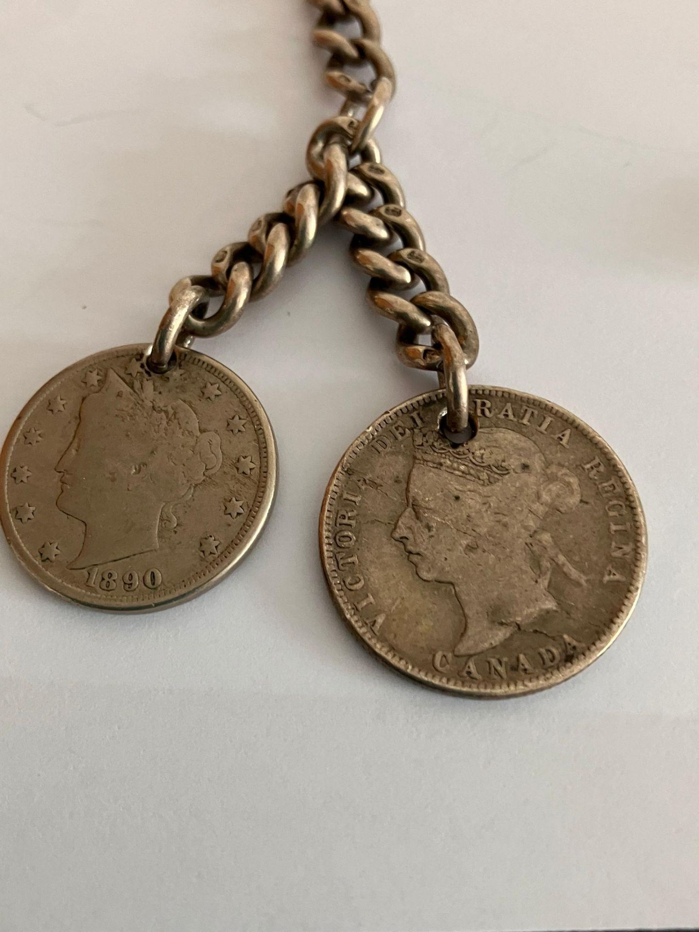 Antique SOLID SILVER ALBERT WATCH CHAIN. Complete with two antique silver coin fobs, To include a - Image 2 of 4