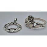 2 X STERLING SILVER CLADDAGH ITEMS TO INCLUDE: 1 X RING SIZE Z 1/2 & 1 X PENDANT. TOTAL WEIGHT 6.