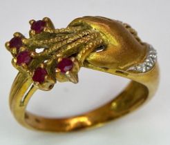 A Beautifully Designed Vintage 14K Rose Gold, Diamond and Ruby Bouquet Ring. Size L/M. 4.81g total