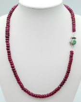A Ruby Cabochon Necklace with Emerald and 925 Silver Clasp. 180ctw. 47cm length, 35.34g total