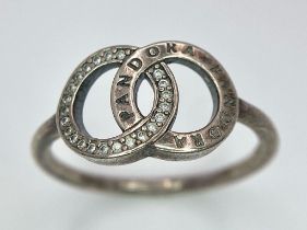 A vintage 925 silver Pandora interlinked circle stone set ring. Total weight 2.35G. Size P.