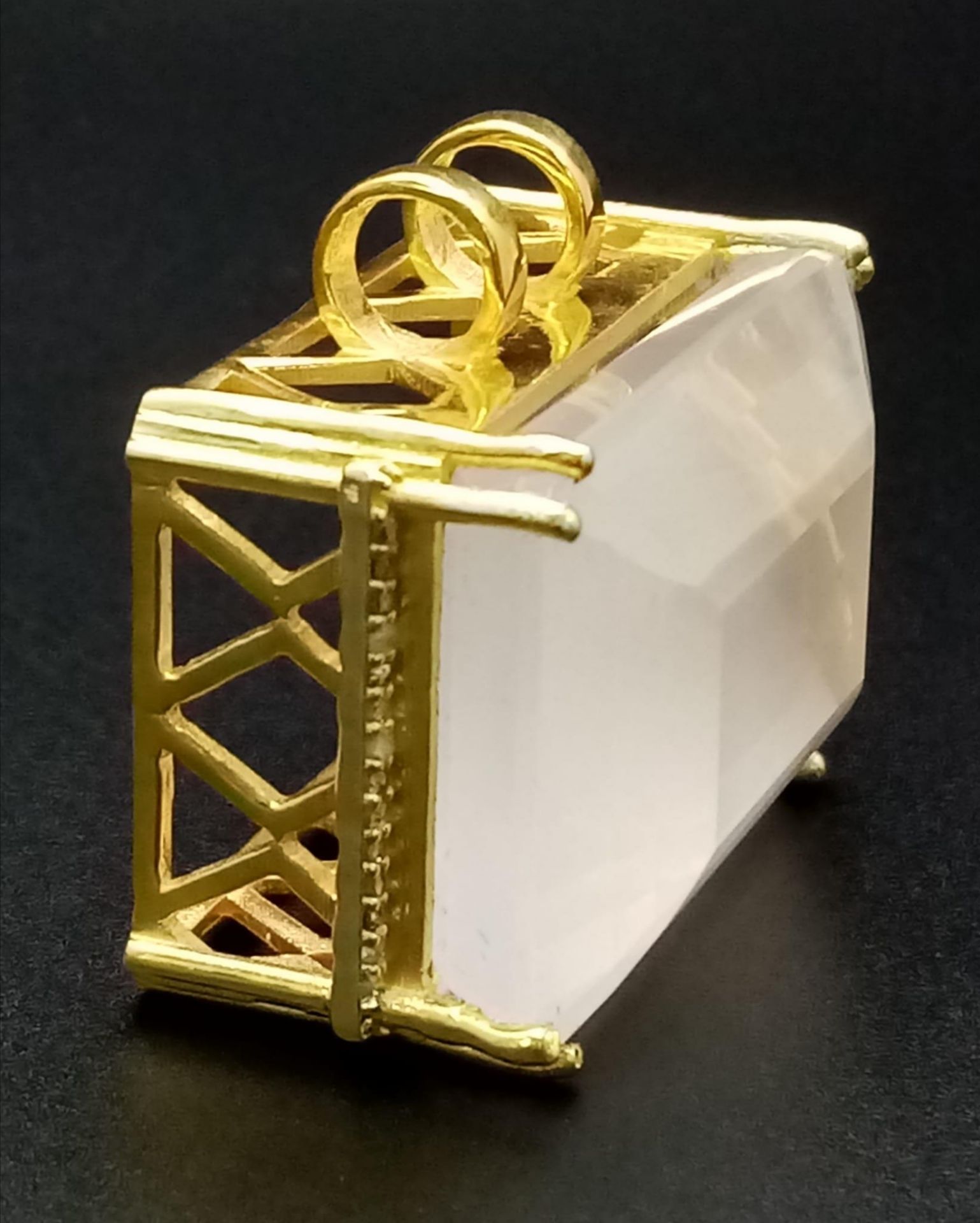 A Rectangular Shaped Rose Quartz Gemstone Pendant set in Gold Plated Silver - With diamond - Image 2 of 5