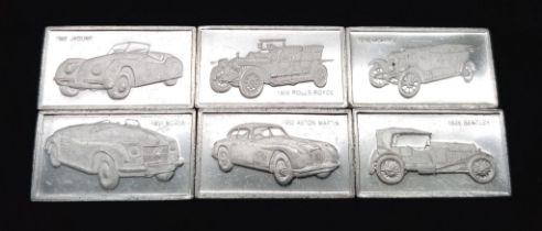 A SELECTION OF 6 STERLING SILVER BEST OF BRITISH CAR MANUFACTURERS MINI PLAQUES WITH LOGO AND CARS