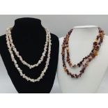 Two Natural Rough-Cut Gemstone Necklaces. White howlite and agate. Both 82cm length.