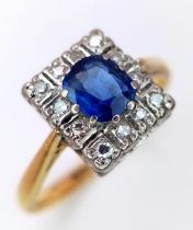 A STUNNING VINTAGE SAPPHIRE AND DIAMOND RING SET IN 18K GOLD . 4.3gms size O