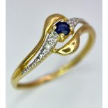 A LOVELY 18K YELLOW GOLD DIAMOND & SAPPHIRE TWIST RING, WEIGHT 1.2G SIZE N, WEIGHT SC 4091