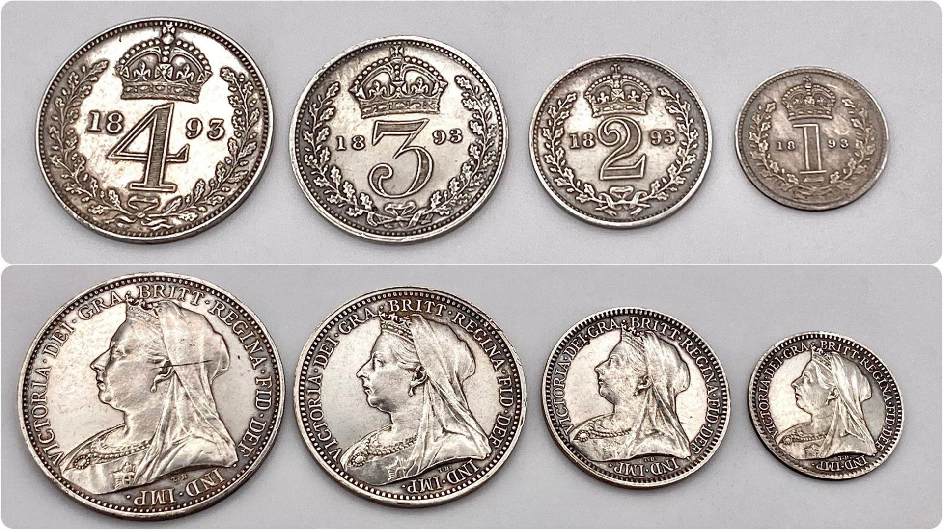 An 1893 Queen Victoria Maundy Money Silver Set of Coins. 1,2,3 and 4d coins. EF but please see - Bild 2 aus 2