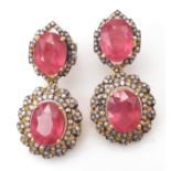 A Pair of Ruby and Diamond Gemstone Dangler Earrings set in Gilded 925 Silver. Ruby - 15ctw and