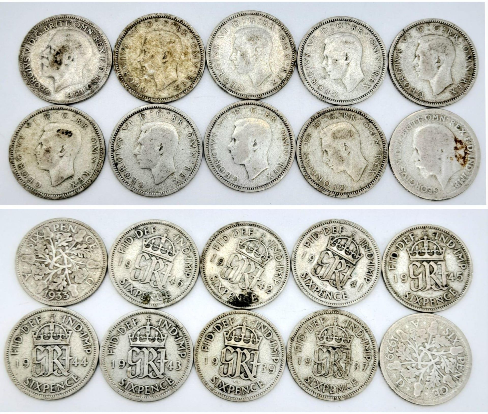 SELECTION OF 10 SIX PENCE PIECE COINS ALL DATED PRE-1947, SO HAVING MINIMUM OF 50% SILVER CONTANT
