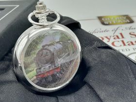An Unused Silver Plated Manual Wind ‘Royal Scots Class 1927-65’ Steam Train Detailed Pocket Watch.