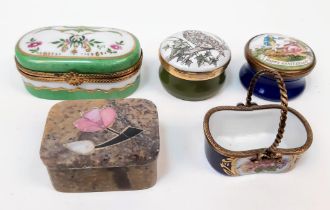 A Selection of Four Vintage/Antique English and French Ceramic Plus One Stone Trinket Boxes.
