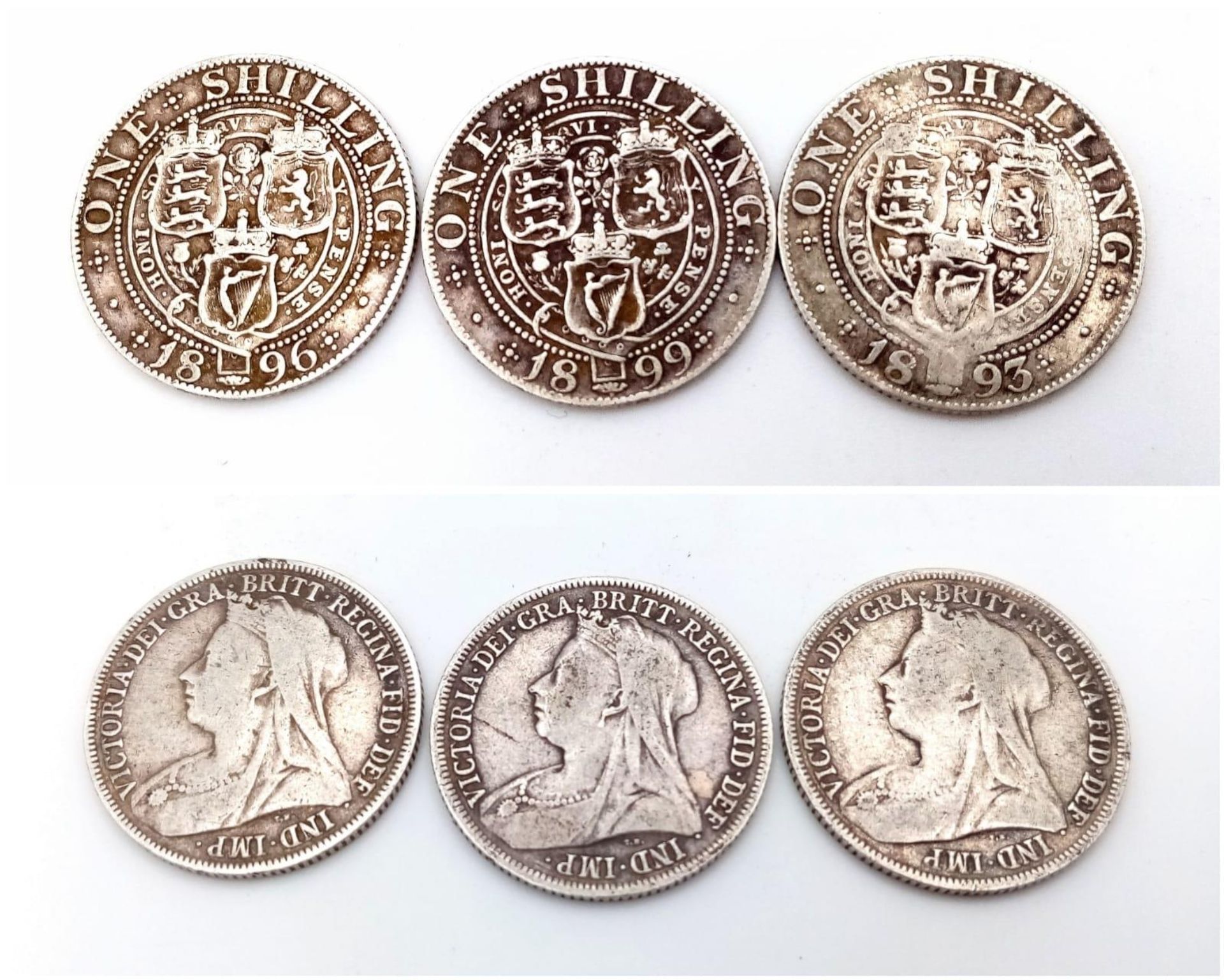Three Very Good to Fine Queen Victoria Silver Shillings Dates 1893, 1896 & 1899. Gross Weight 16.