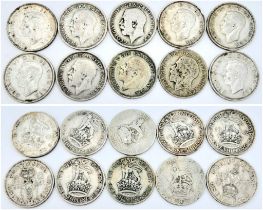 A SELECTION OF 10 ONE SHILLING COINS ALL DATED PRE-1947, SO HAVING MINIMUM OF 50% SILVER CONTENT