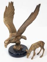 A Vintage Brass Eagle on a Marble Base Plus a Brass Deer. Eagle - 24cm tall. 18cm across. Deer - 9 x