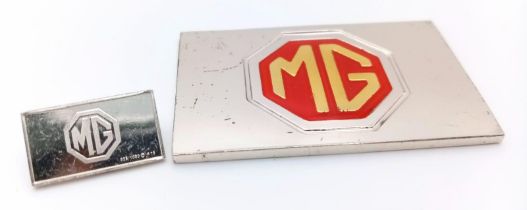2 X STERLING SILVER AND ENAMEL MG CAR LOGO MANUFACTURER PLAQUES, MADE IN UNITED KINGDOM ENGLAND,