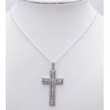 A Decorative White Stone Cross on a 925 Silver Disappearing Necklace. 4cm and 42cm