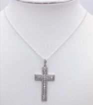 A Decorative White Stone Cross on a 925 Silver Disappearing Necklace. 4cm and 42cm