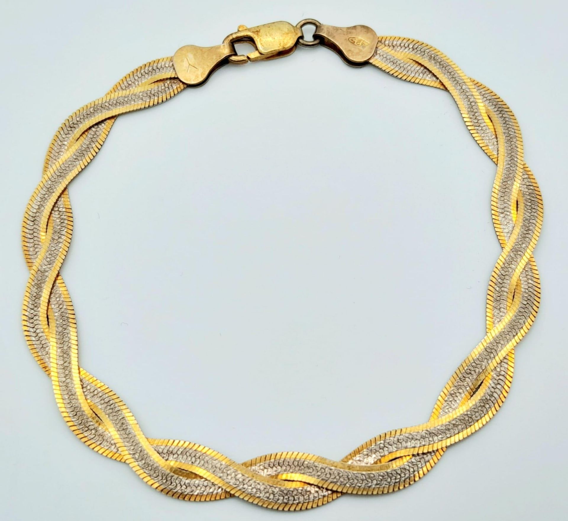 A 925 Sterling Silver Gilded and White Interwoven Flat Bracelet. 16cm. - Image 6 of 9