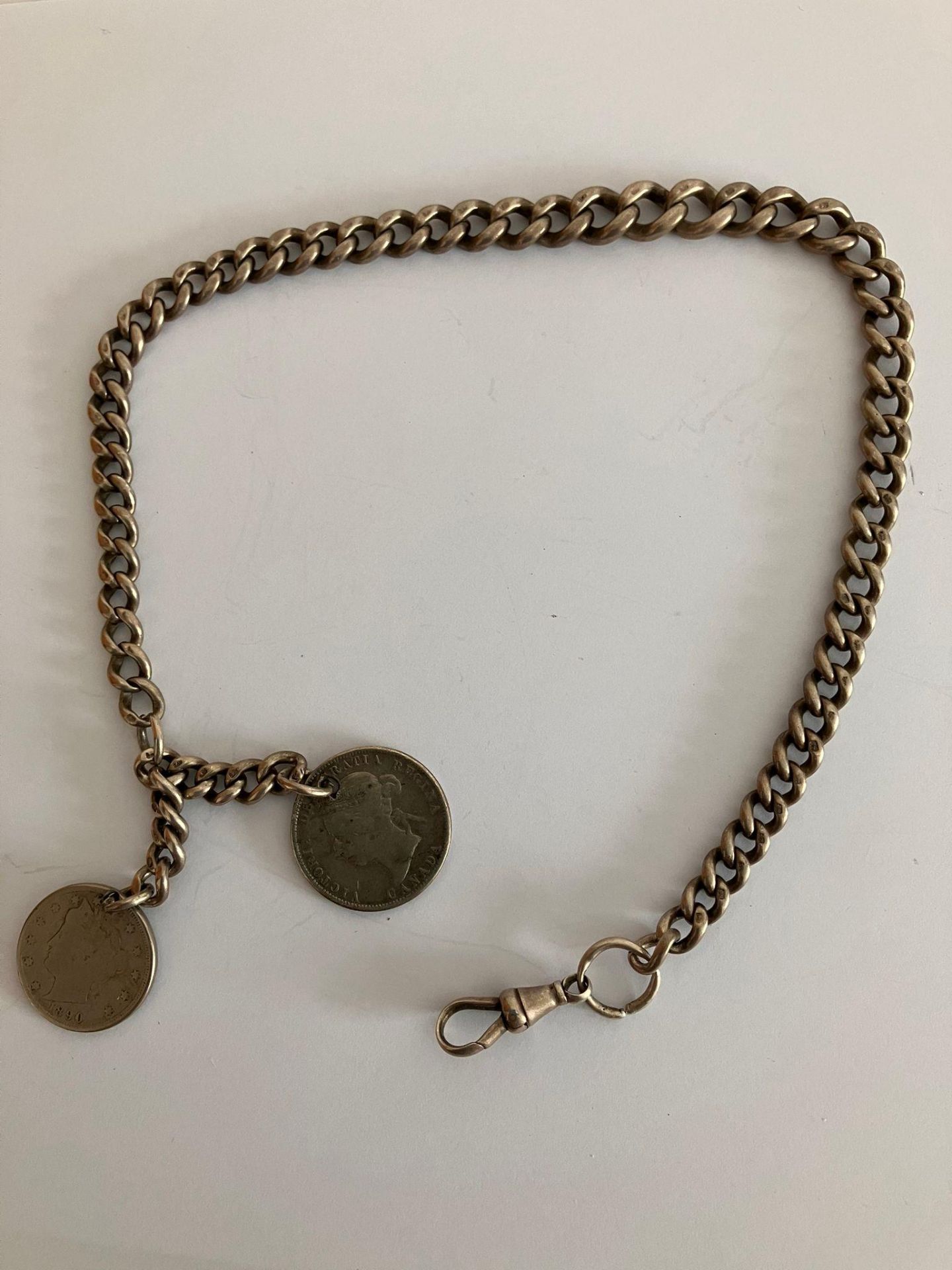 Antique SOLID SILVER ALBERT WATCH CHAIN. Complete with two antique silver coin fobs, To include a - Image 4 of 4