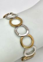 A 9K TWO TONE GOLD DIAMOND SET CIRCLES LINK BRACELET WITH SAFETY CHAIN 12.8G , approx 20cm length