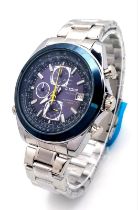 A Citizen Eco Drive Chronograph Gents Watch. Stainless steel bracelet and case - 45mm. Blue dial