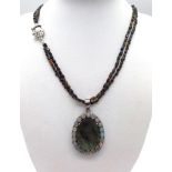 An Ethiopian Black Opal Bead Necklace with a Labradorite 925 Silver Pendant with White Fire Opal