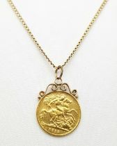 A 22K GOLD HALF SOVEREIGN MOUNTED IN 9K GOLD AND ON A 60cms 9K GOLD BOXLINK CHAIN . 10.4gms