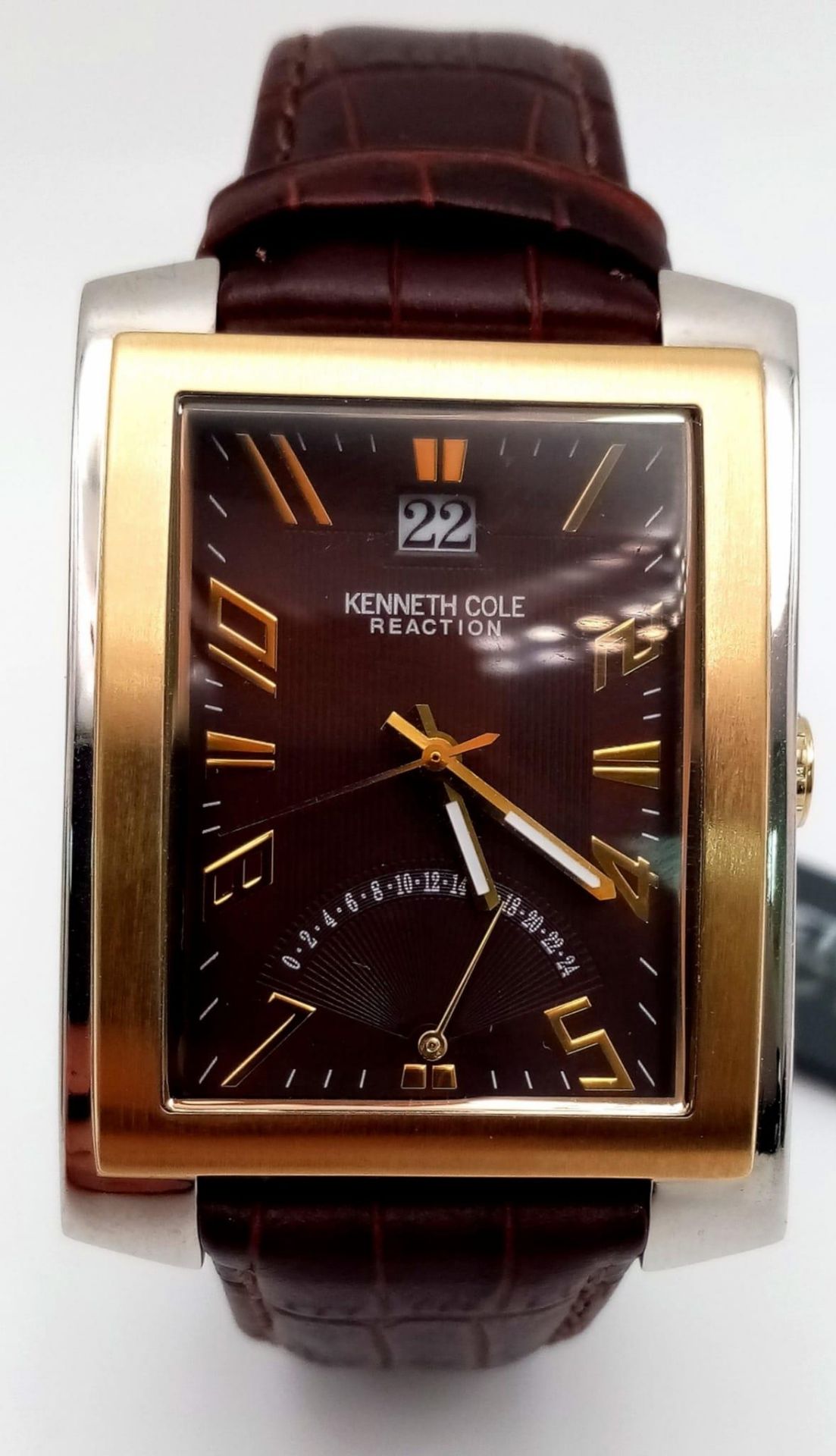 A New (Ex Display) Kenneth Cole, New York Tank Style Watch ‘Reaction’ Model. Two Tone Case, Brown - Image 2 of 7