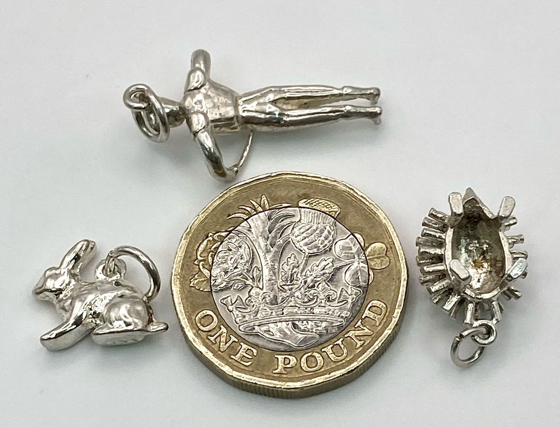 Sterling silver selection of 3 charms including rabbit, hedgehog and man, 6.3g total weight. - Image 3 of 3