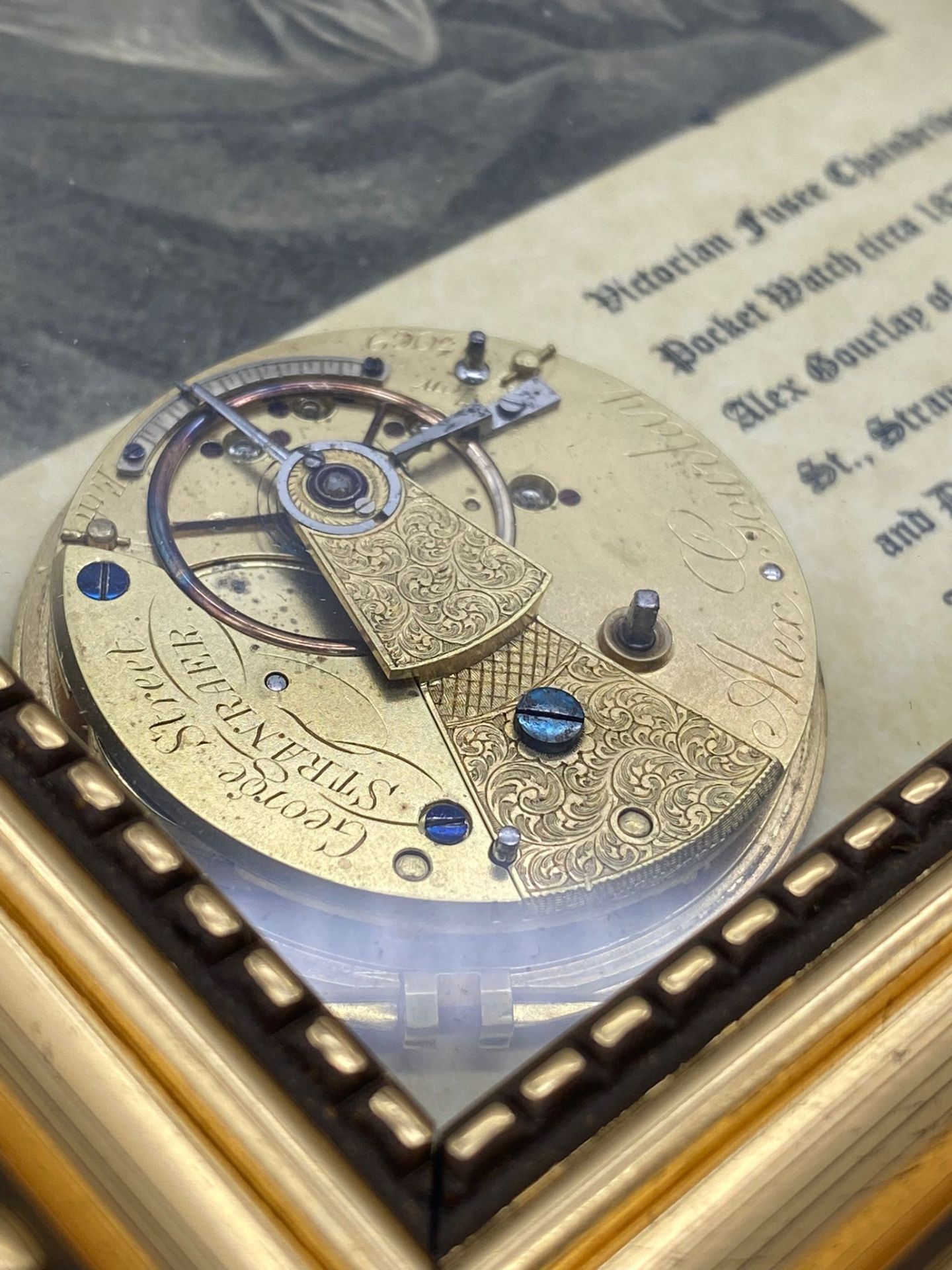 A Wonderful and Unique Hand-Made Horology Art-Piece. A Framed Victorian (1870) Fusee Chaindrive - Image 9 of 9