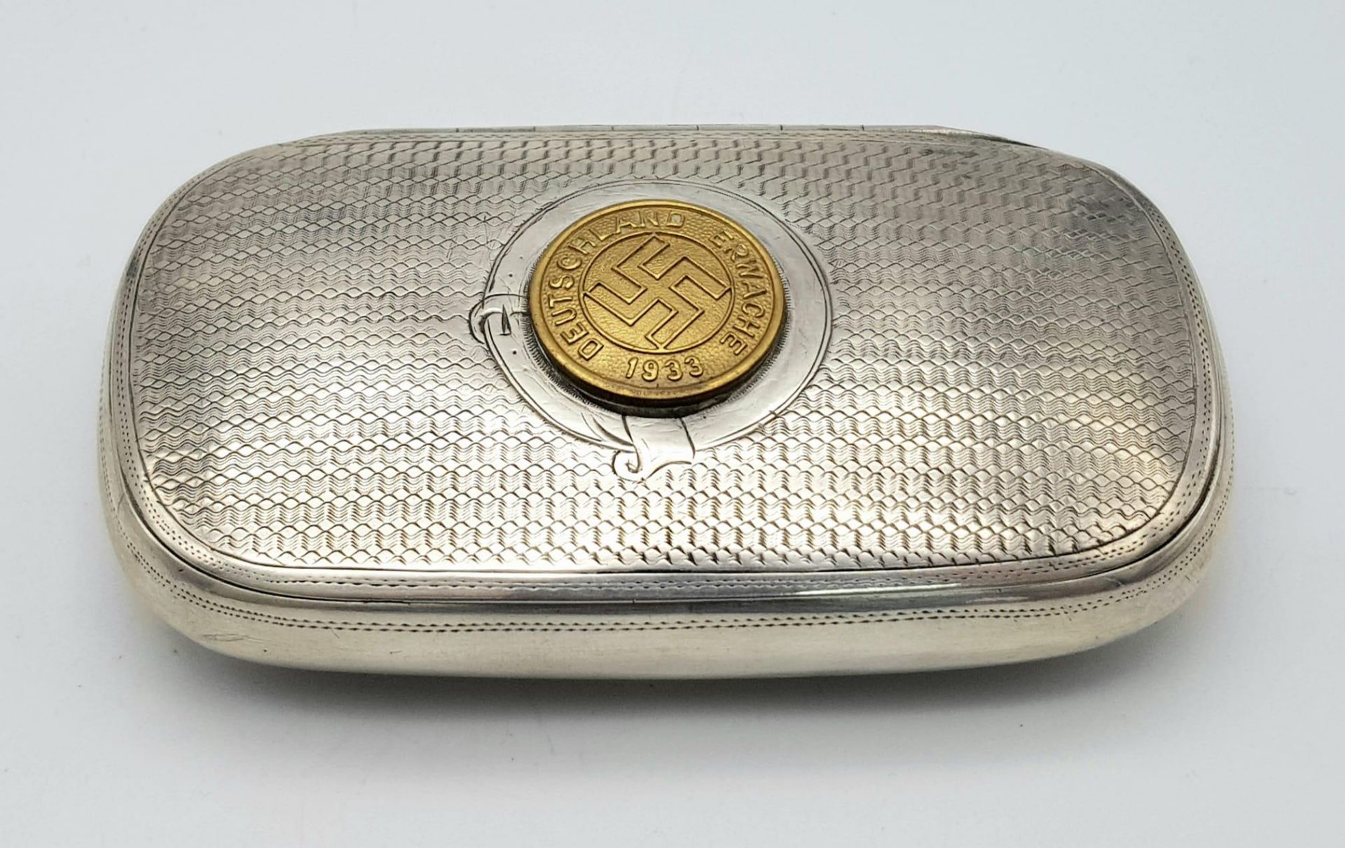 A WW2 German .800 Silver Tobacco/Snuff Case with Gold Plated “Germany Awake” Lapel Pin Soldiered