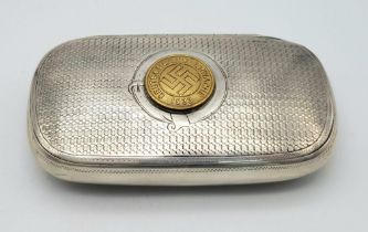 A WW2 German .800 Silver Tobacco/Snuff Case with Gold Plated “Germany Awake” Lapel Pin Soldiered