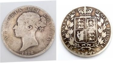 A Very Good Condition 1886 Queen Victoria Young Head Half Crown Coin. 13.55 Grams
