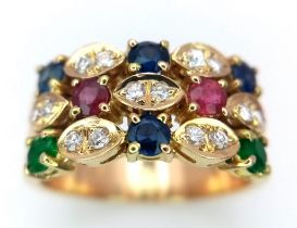 A 18K YELLOW GOLD DIAMOND, RUBY, SAPPHIRE & EMERALD SET RING 7.3G SIZE N 1/2 ref: 6441