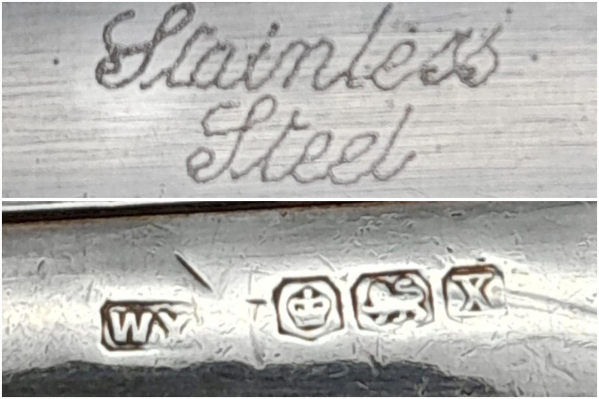 A vintage stainless steel sterling silver handled knife. Full hallmarks Sheffield, 1940. Total - Bild 6 aus 7