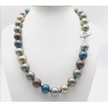 A Multi-Colour Metallic South Sea Pearl Shell Bead Necklace. Silver, shades of gold and blue 12mm