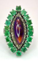 A Black Opal Ring with an Emerald and Diamond Surround on 925 Silver. 2.3ctw emeralds, 0.40ctw