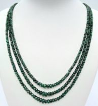 A Three Row Emerald Beaded Necklace with 925 Silver Clasp. 160ctw, 52cm length, 32.7g total