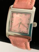 Ladies LACOSTE WRISTWATCH. Finished in stainless steel silver tone.Pink Square face. Model 6800L.