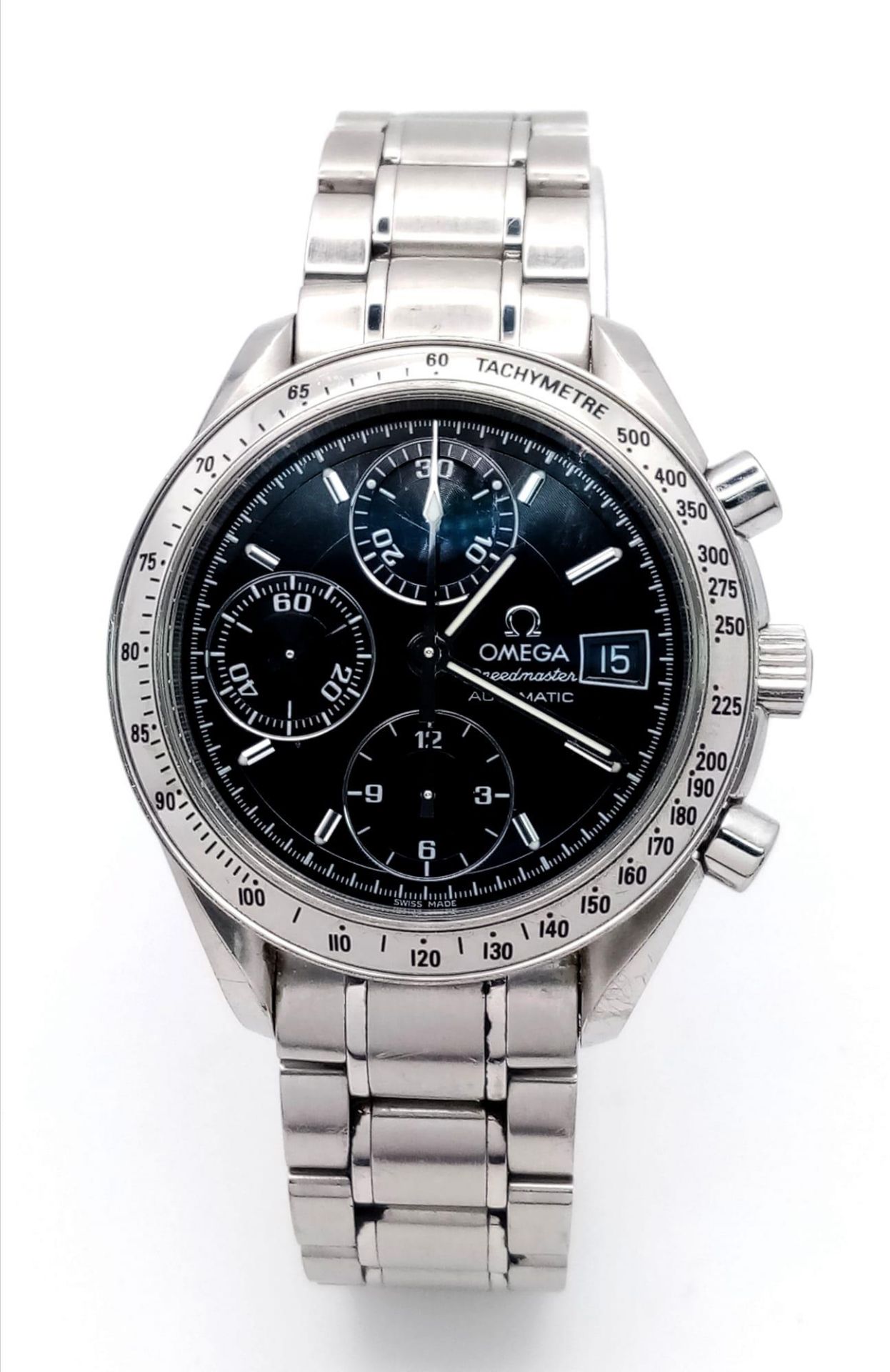 AN OMEGA "SPEEDMASTER" AUTOMATIC WATCH WITH 3 SUBDIALS , DATE BOX AND BLACK DIAL ALL SET IN - Image 3 of 9