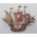 A Rare Vintage or Older Silver Gilt Filigree Design Galleon Ship Brooch. 5cm Wide. Possibly