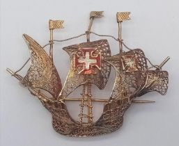 A Rare Vintage or Older Silver Gilt Filigree Design Galleon Ship Brooch. 5cm Wide. Possibly